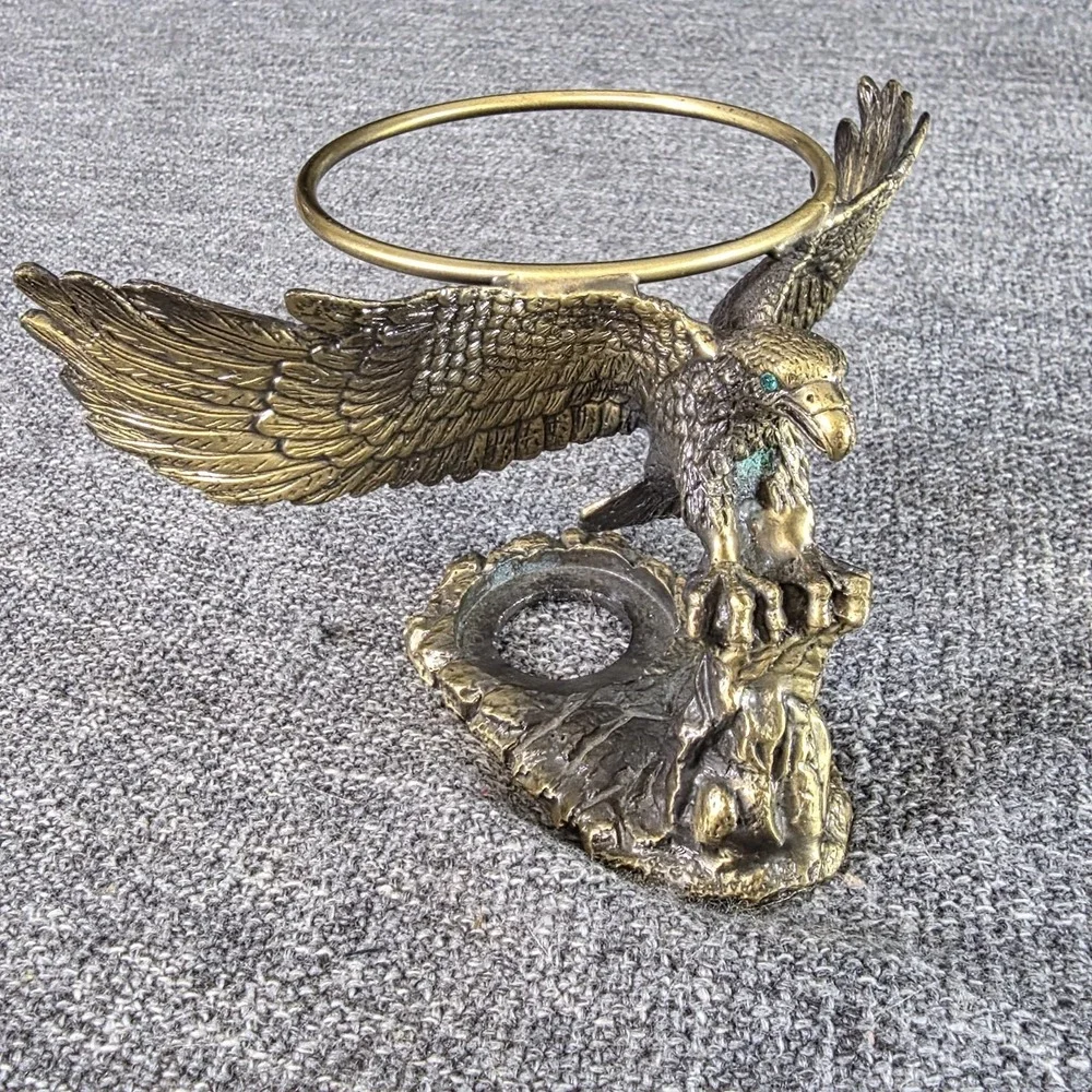Vintage Brass Eagle Candle Holder Sphere Stand Green Gem Eyes Wingspan Figurine